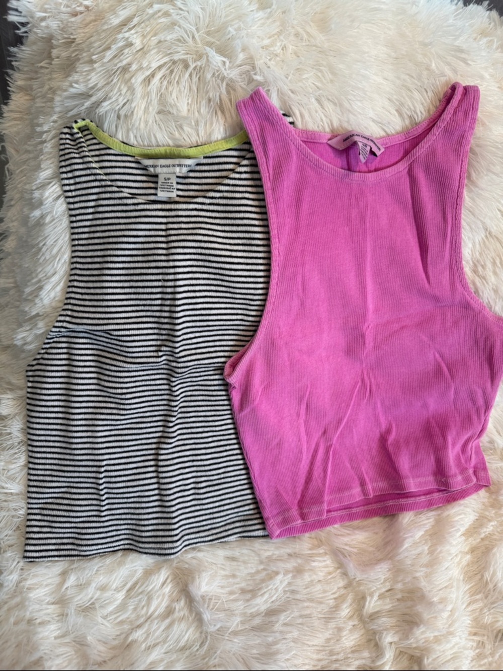 American Eagle Outfitters Pink Ribbed Tank with Black & White Striped Tank